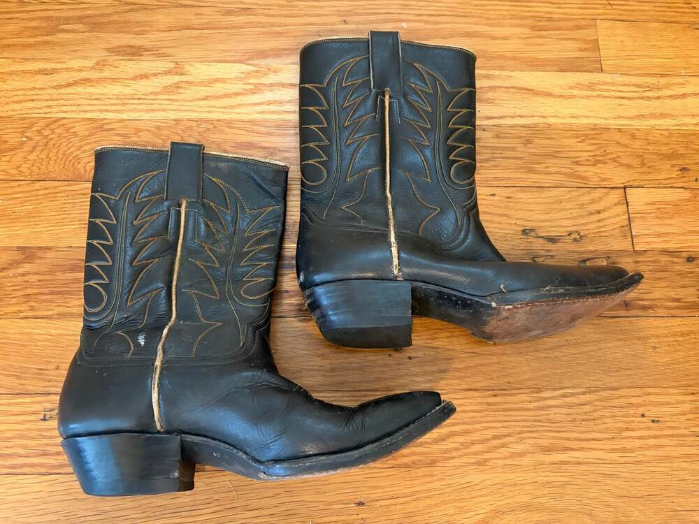 Vintage Black Leather Pointed Toe Cowboy Boots Contrast Stitching Size 7 Western